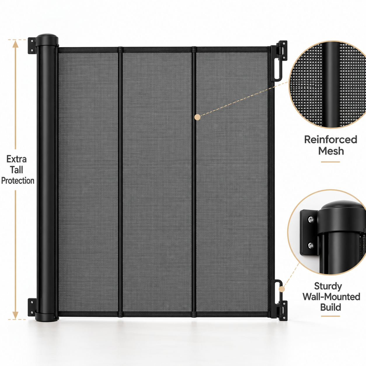 HEELALBABY 65" Extra Tall Retractable Pet & Baby Gate, Reinforced Mesh, Fits Openings Up to 55" Wide, Black