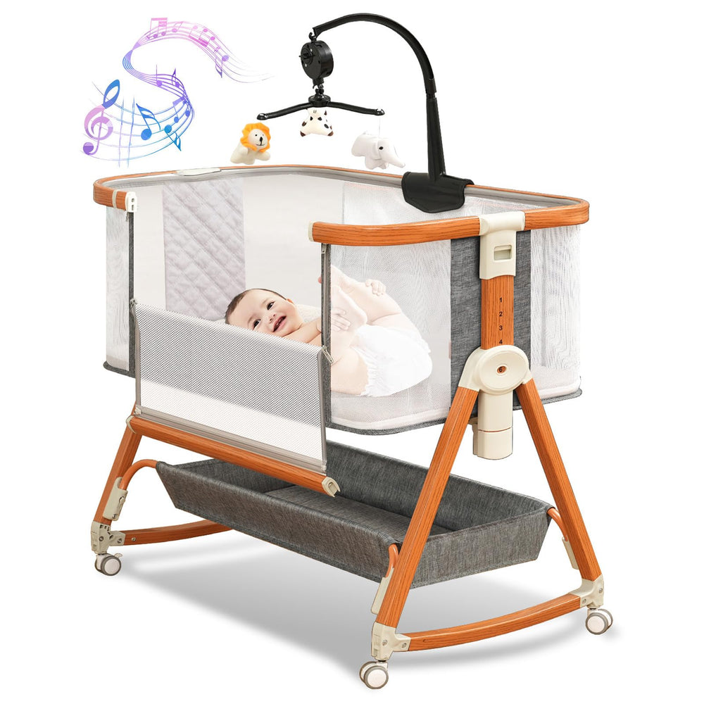BLBBLBGDD 3-in-1 bassinet gray side view for convenient bedside care.