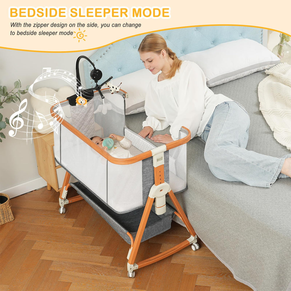 BLBBLBGDD bassinet gray with musical toys for infant engagement and soothing cues.