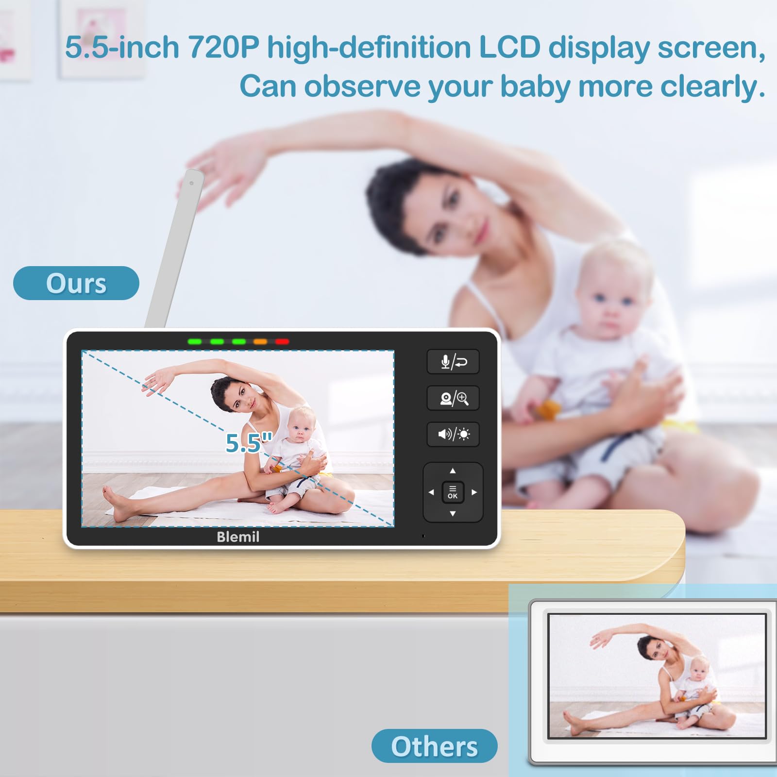 Blemil Baby Monitor camera rotates for panoramic viewing of the nursery.