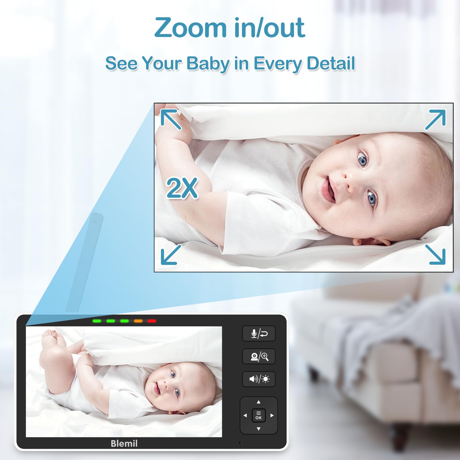 Blemil Baby Monitor provides infrared night vision for dark rooms.