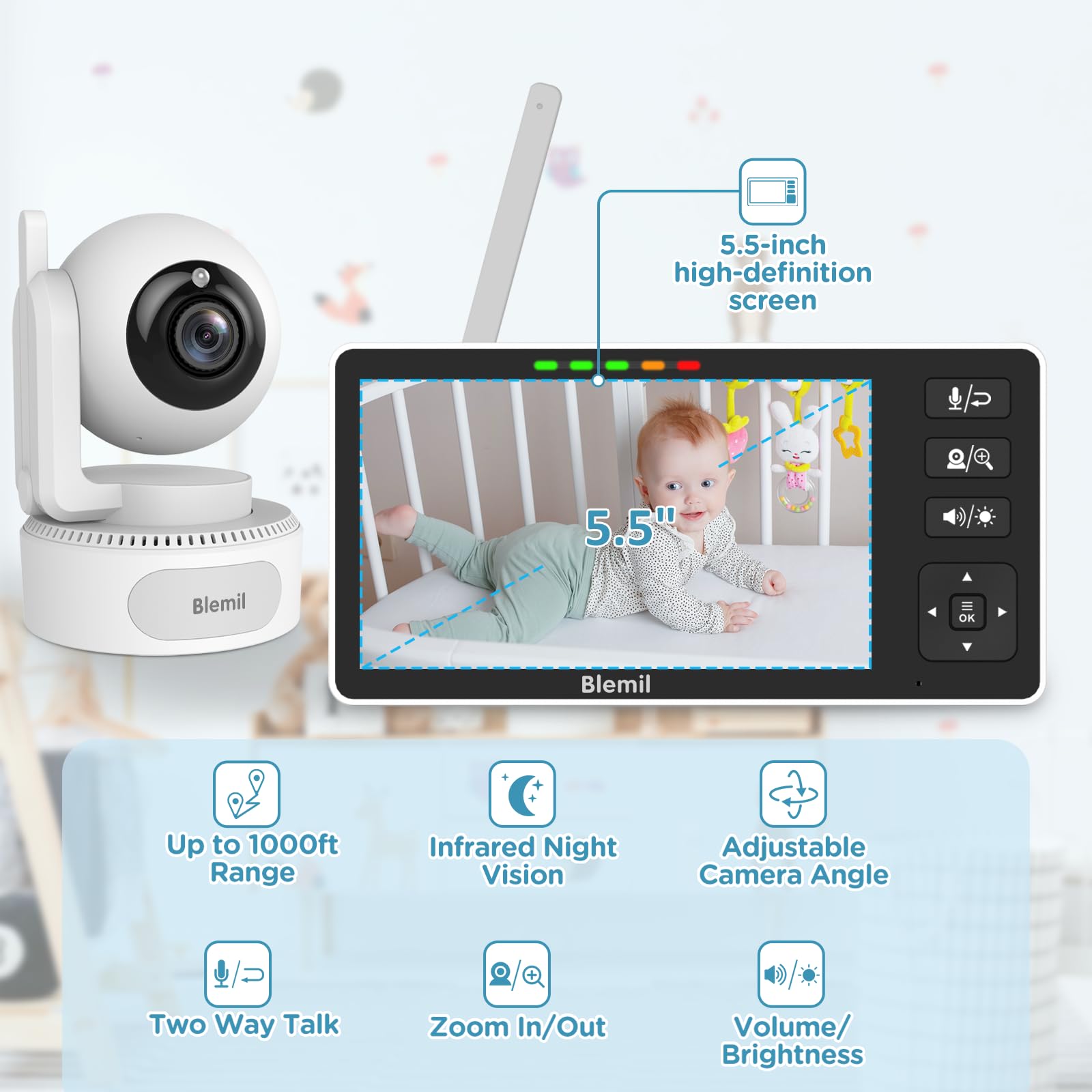 Blemil Baby Monitor ships with a rechargeable battery for cordless mobility.