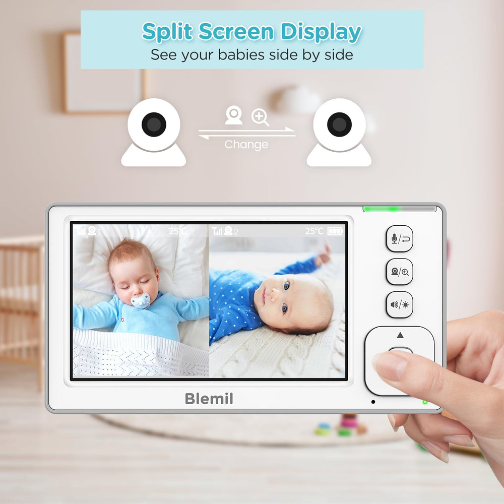 Blemil split-screen display showing two live feeds in vivid color