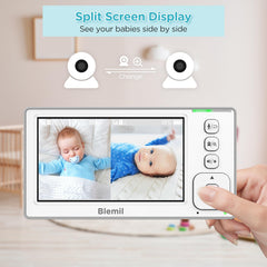 Blemil split-screen display showing two live feeds in vivid color