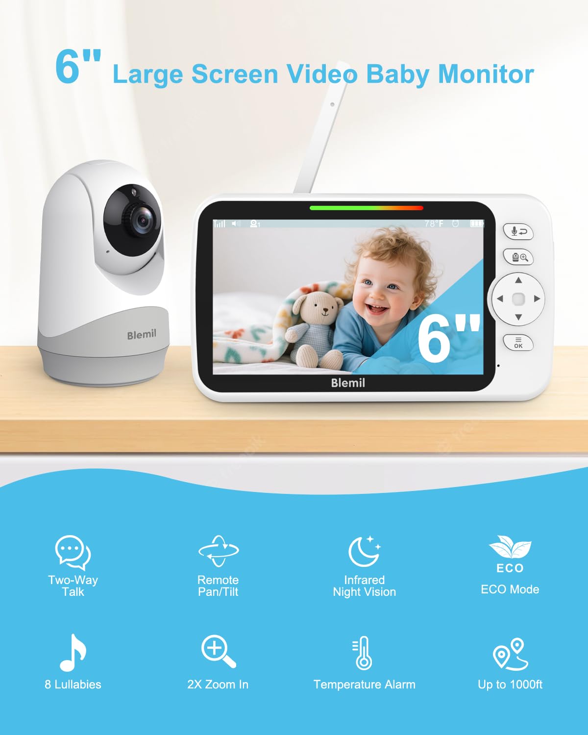 Blemil Upgrade camera with pan-tilt-zoom for full-room monitoring.
