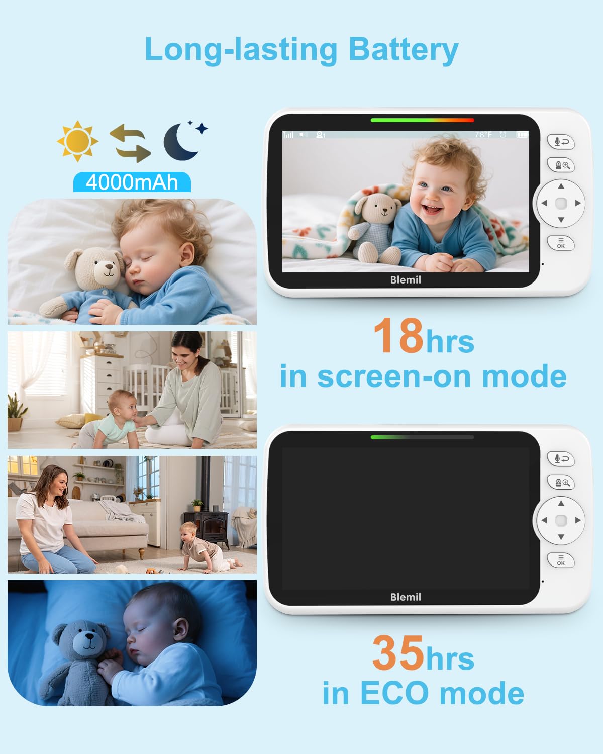 Blemil Upgrade infrared night vision for clear nighttime monitoring.