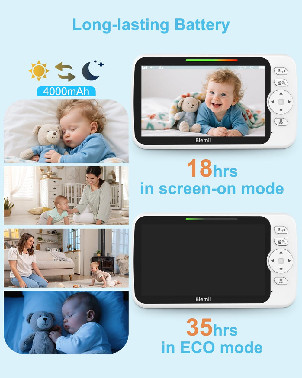 Blemil Upgrade infrared night vision for clear nighttime monitoring.