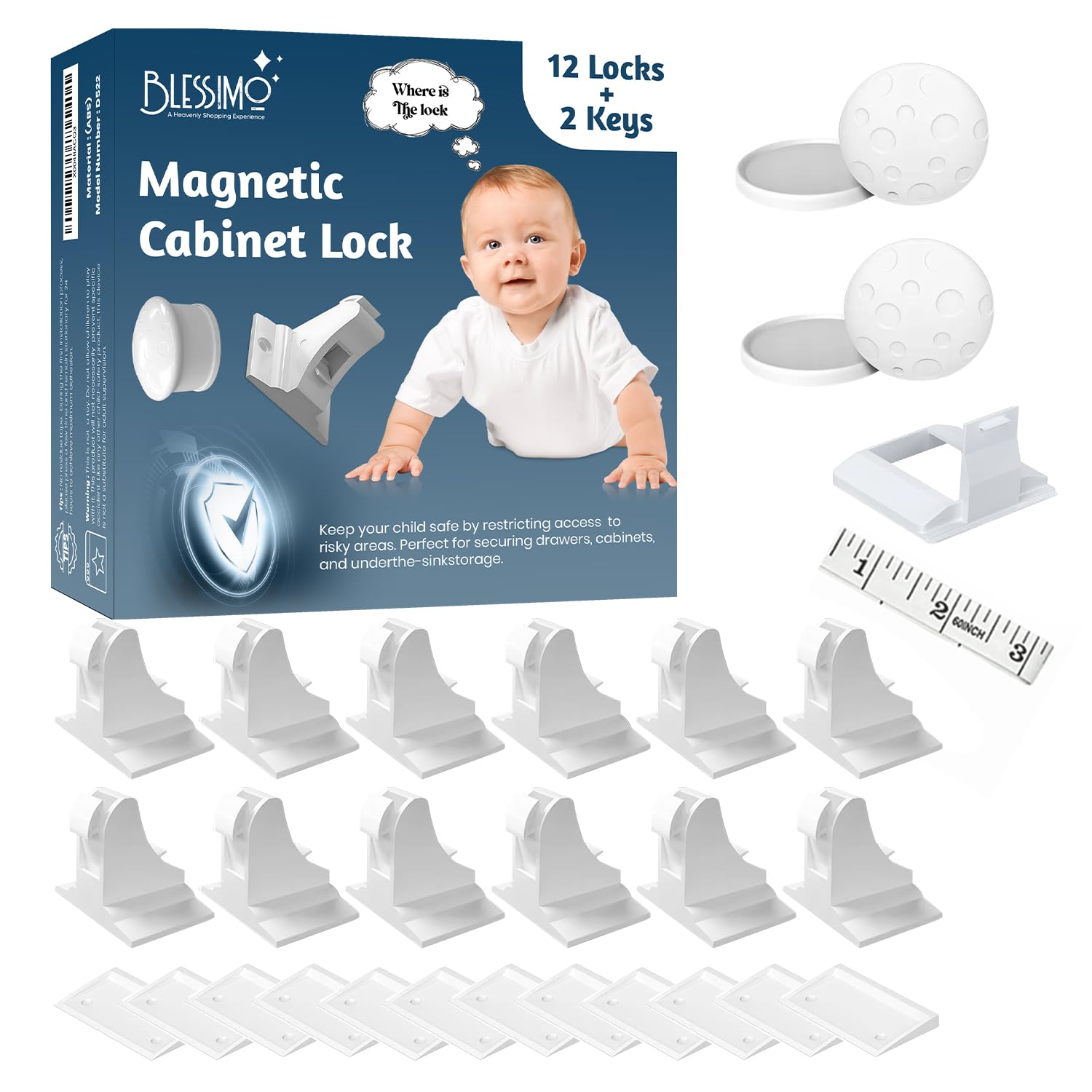Blessimo 12-pack magnetic cabinet locks ready for quick baby-proofing.