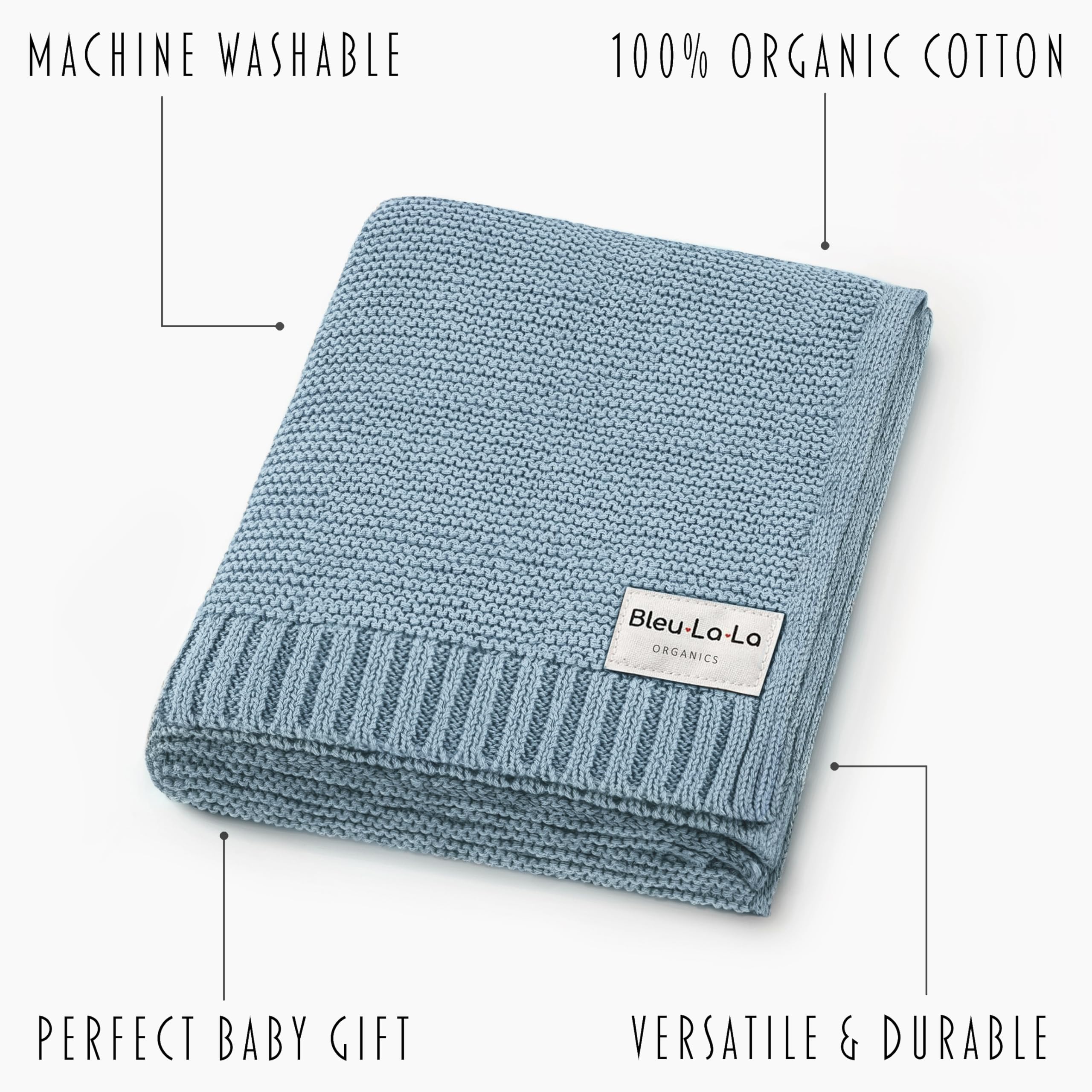 Bleu La La 36x32 inch blanket designed for wrapping, swaddling, or cuddling in nursery.