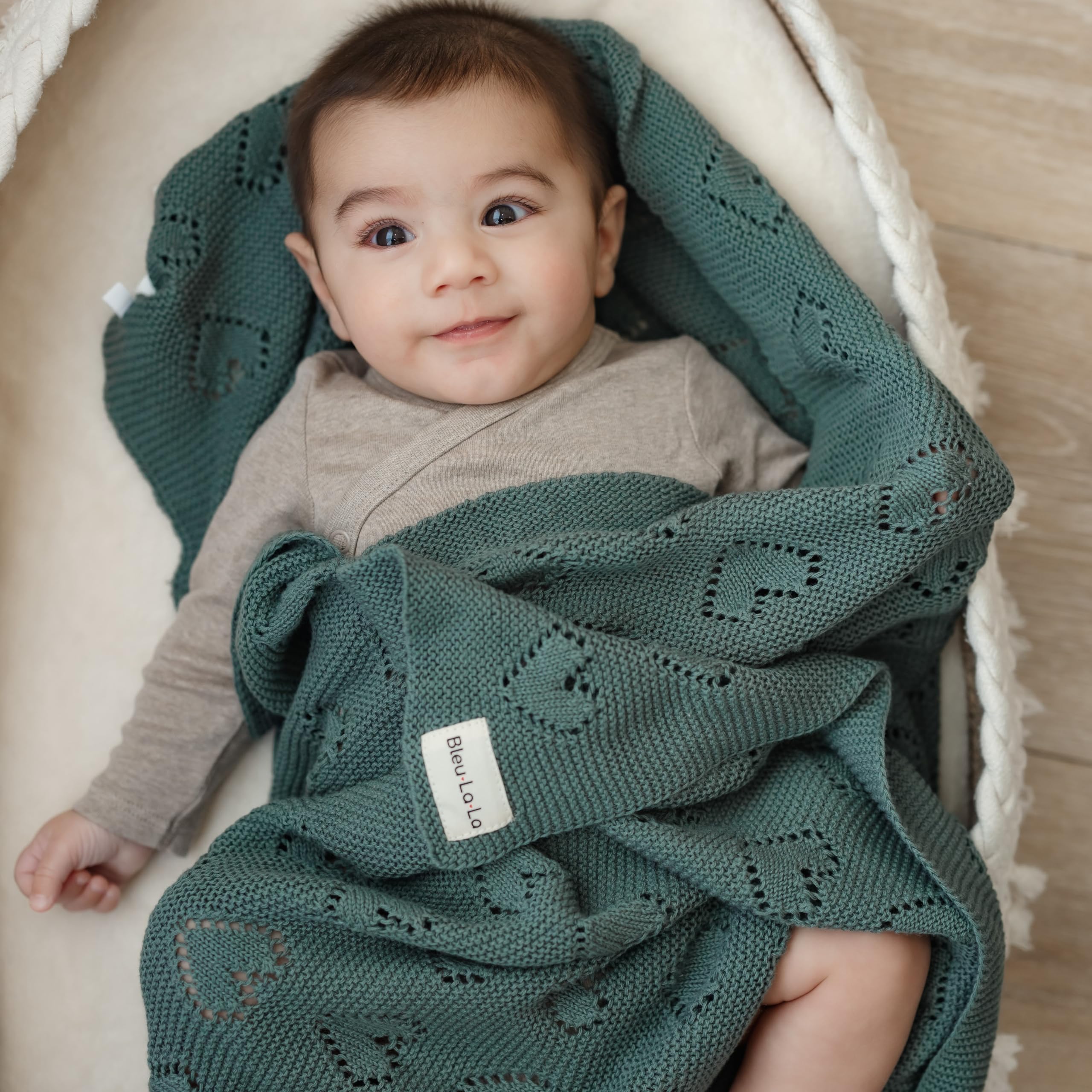 Bleu La La Heirloom Knit Heart blanket 36x32-inch size grows with baby.