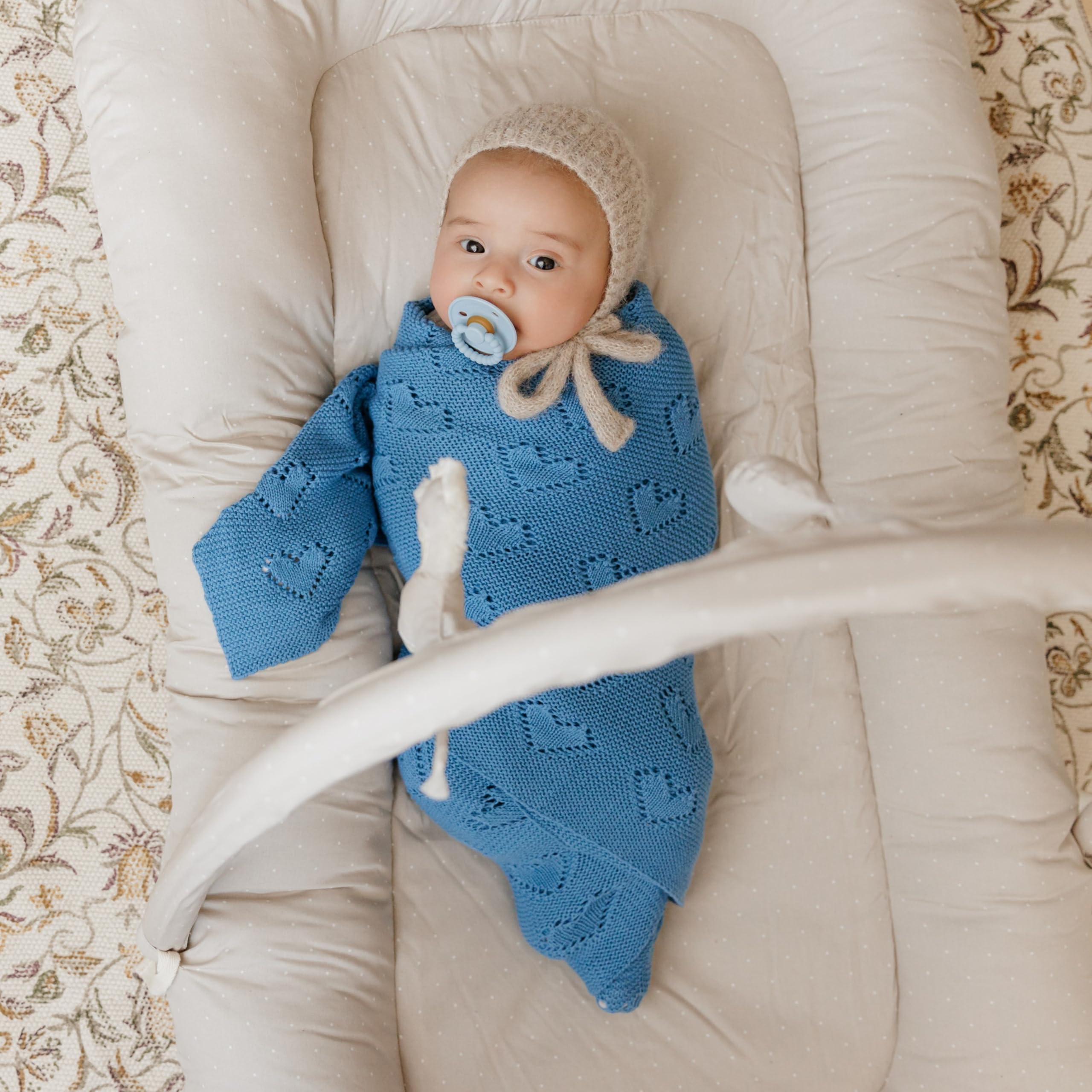 Bleu La La Heirloom Knit Heart blanket cotton texture close-up reveals breathable premium fibers for gentle skin.