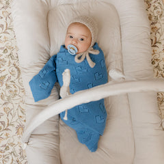 Bleu La La Heirloom Knit Heart blanket cotton texture close-up reveals breathable premium fibers for gentle skin.