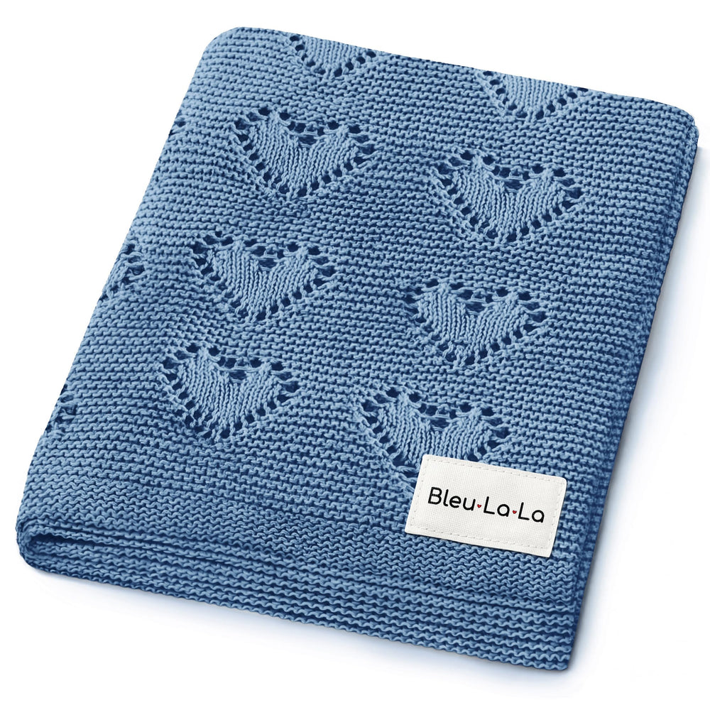 Bleu La La Heirloom Knit Heart blanket in denim blue flatlay showcases luxurious cotton softness for cozy newborn moments.