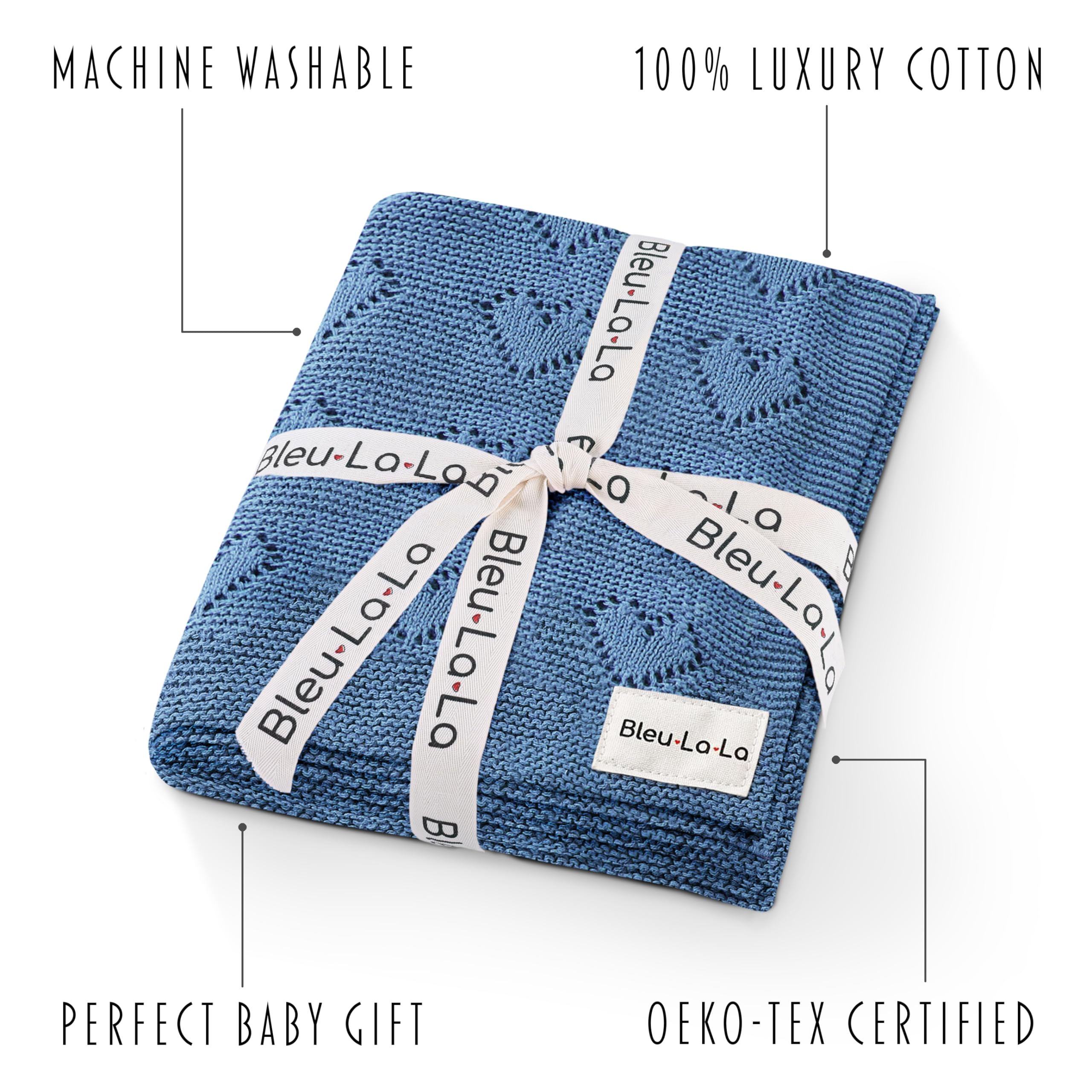 Bleu La La Heirloom Knit Heart blanket newborn swaddle demonstrates soft secure wrapping for quiet moments.