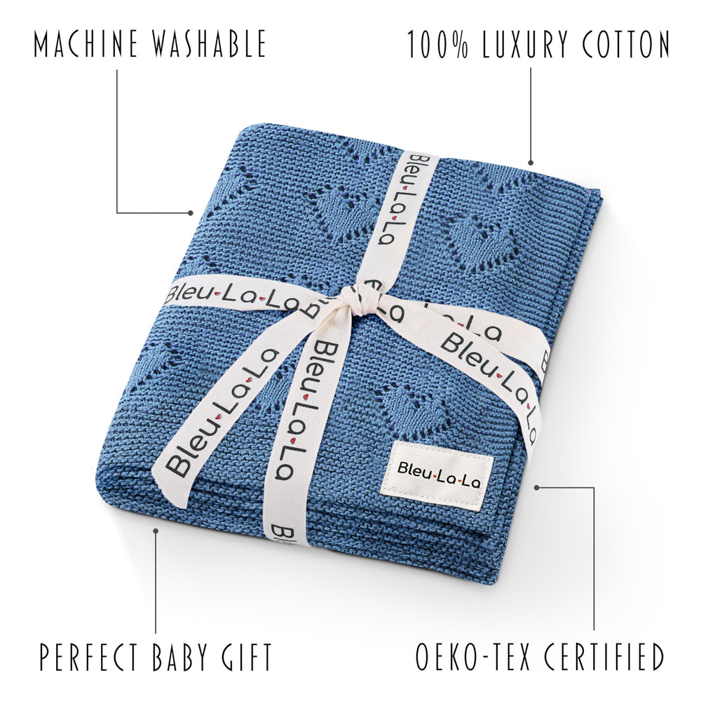 Bleu La La Heirloom Knit Heart blanket newborn swaddle demonstrates soft secure wrapping for quiet moments.