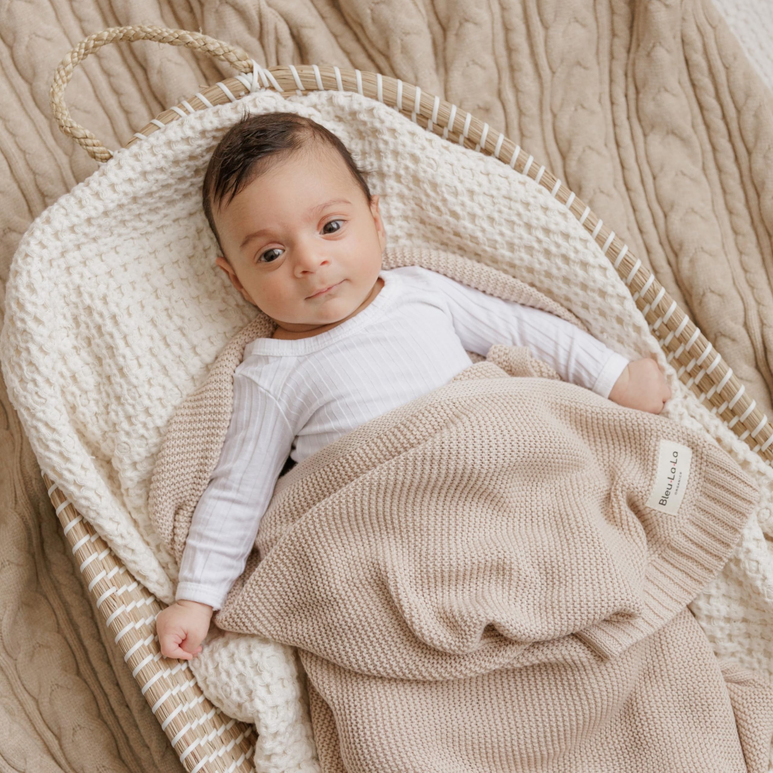 Bleu La La Heritage Knit Baby Blanket gift-ready with monogram ribbon.