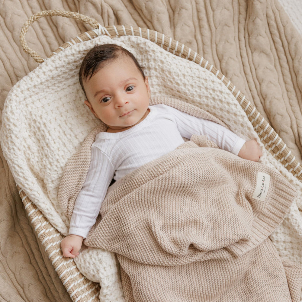 Bleu La La Heritage Knit Baby Blanket gift-ready with monogram ribbon.