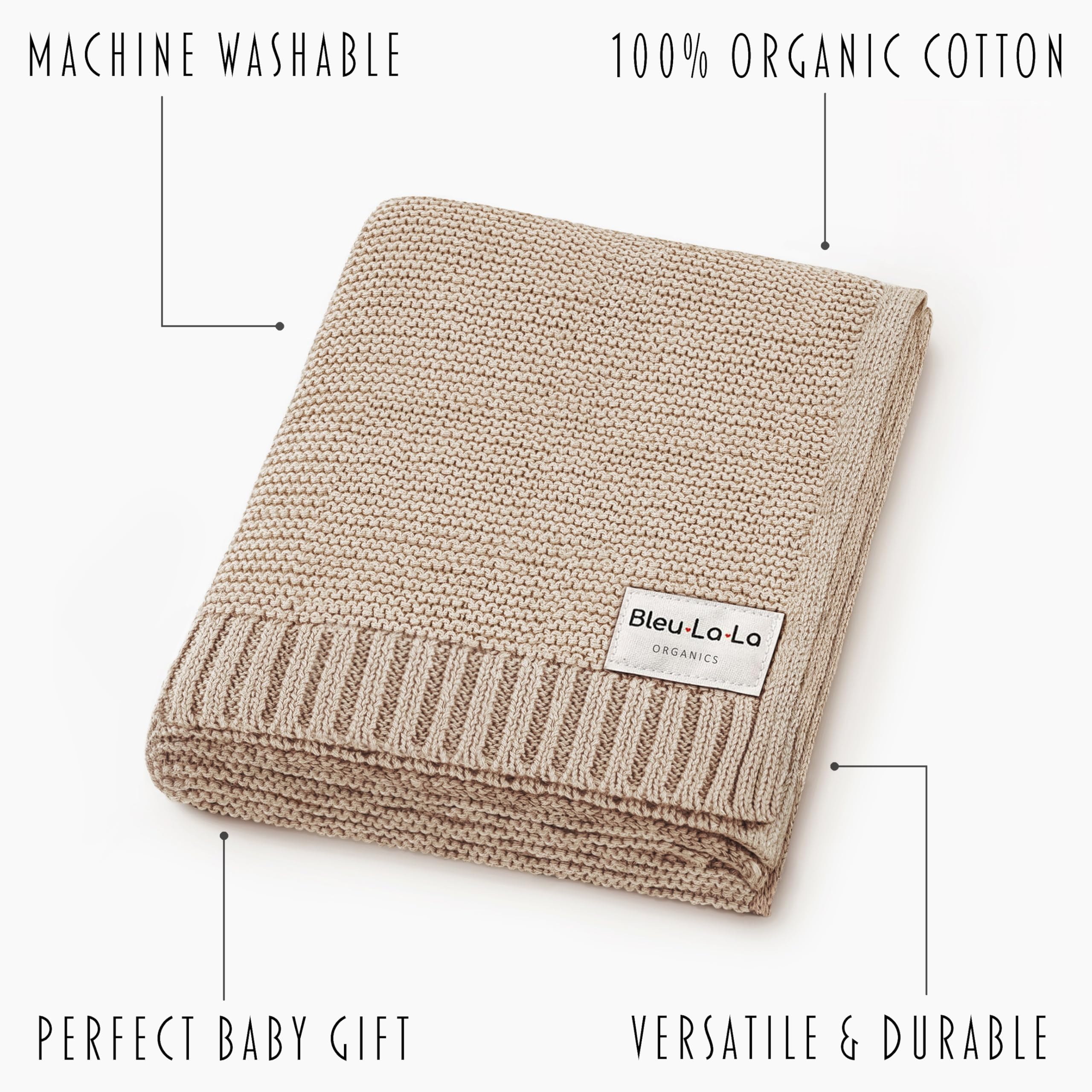 Bleu La La Heritage Knit Baby Blanket in oatmeal suits any nursery or stroller outing.