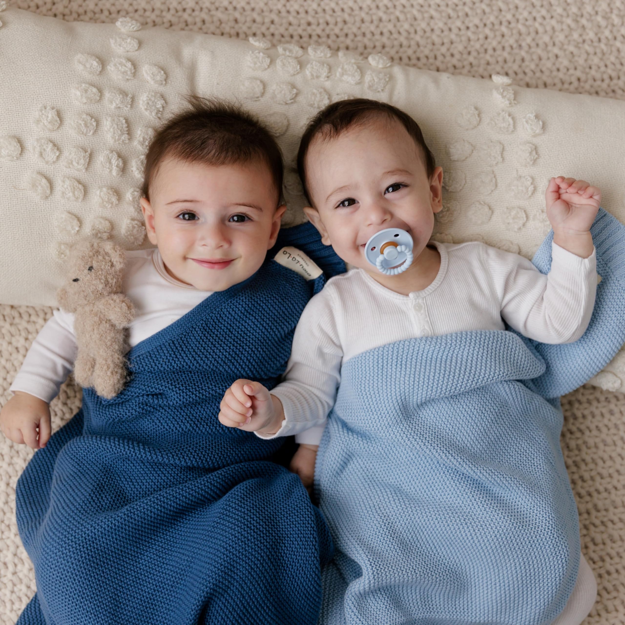 Bleu La La denim blue swaddle close-up highlights breathable, gentle fabric.