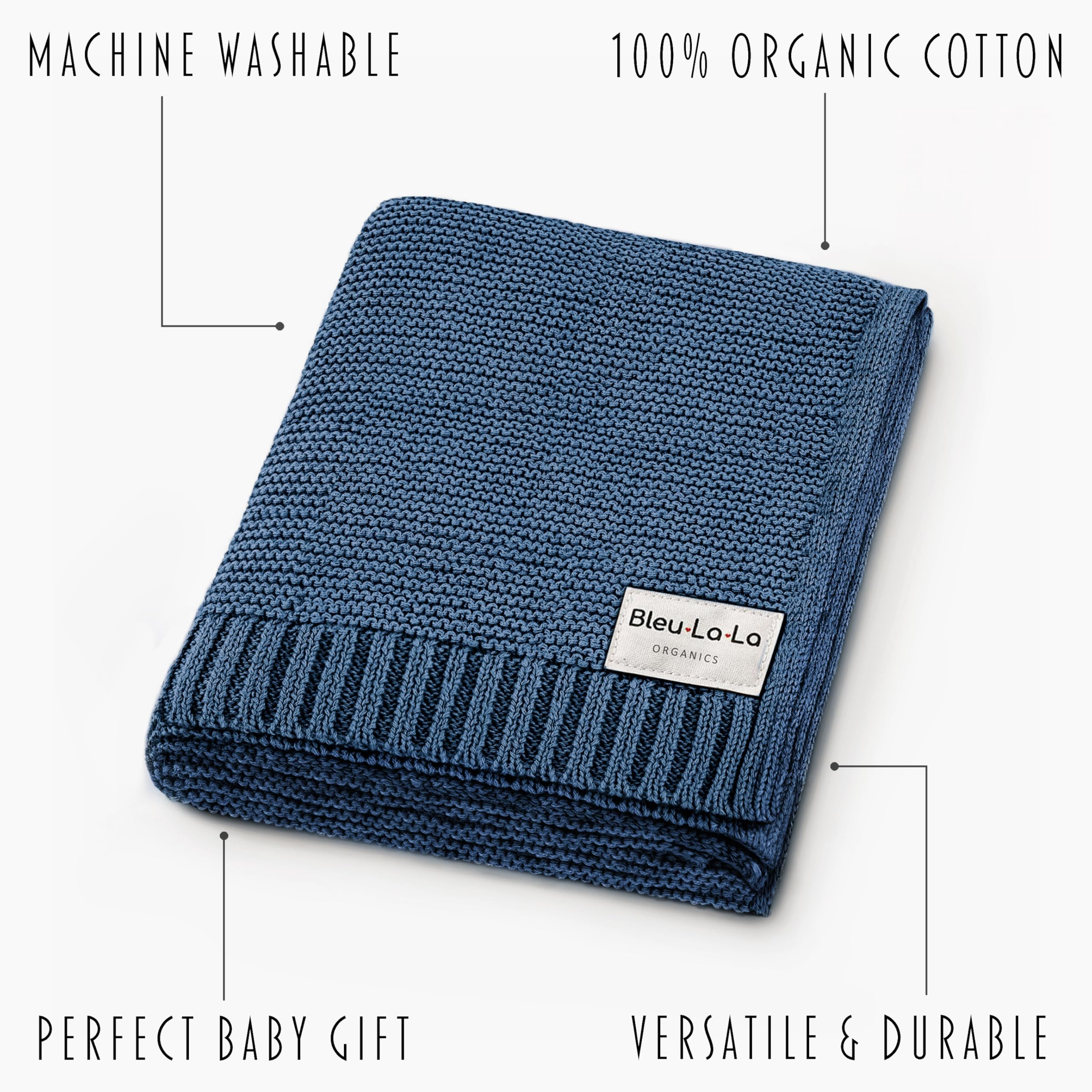 Bleu La La newborn swaddle in denim blue showcases 100% organic cotton softness.