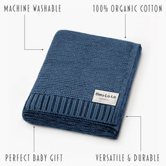 Bleu La La newborn swaddle in denim blue showcases 100% organic cotton softness.