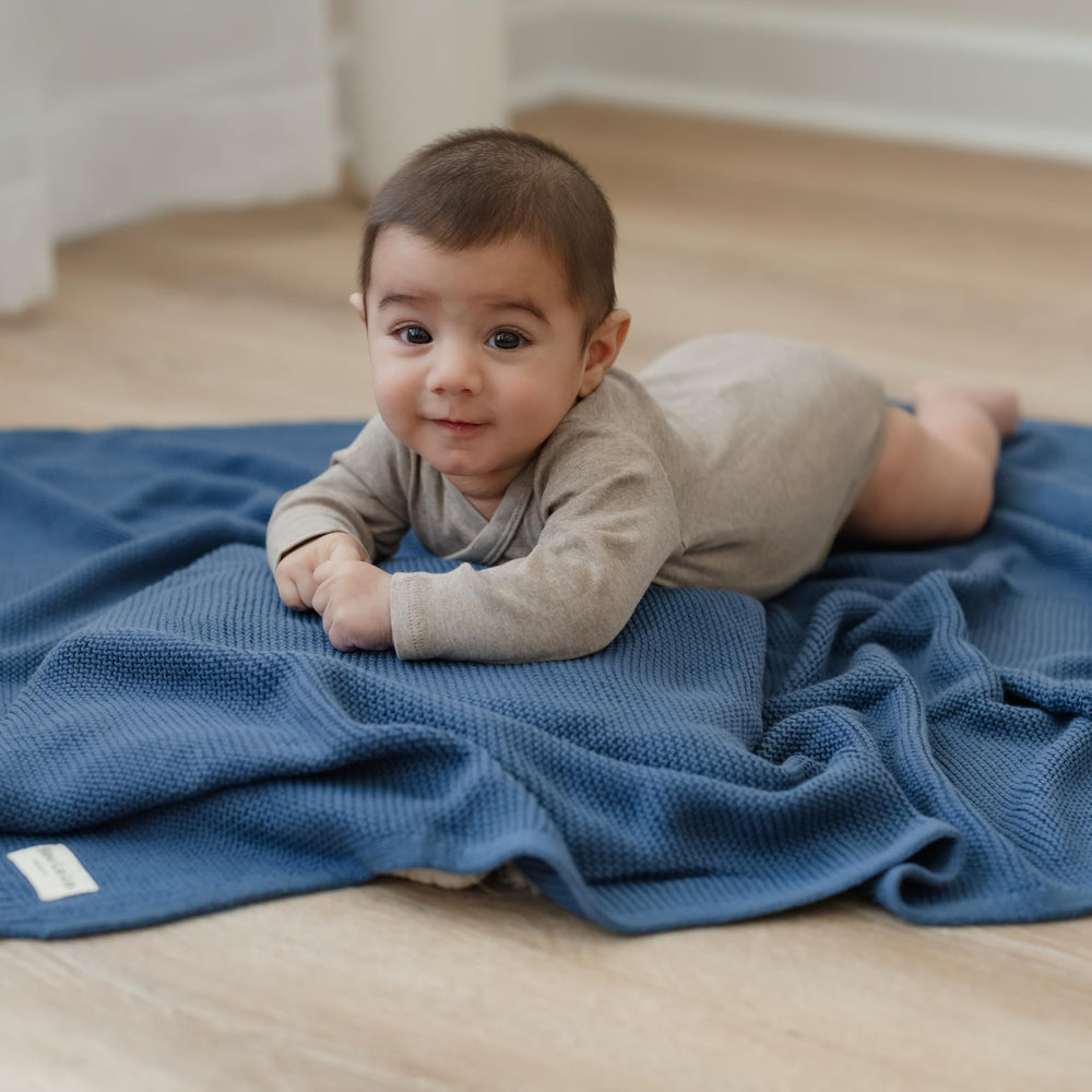 Bleu La La fabric texture in denim blue emphasizes lightweight warmth.