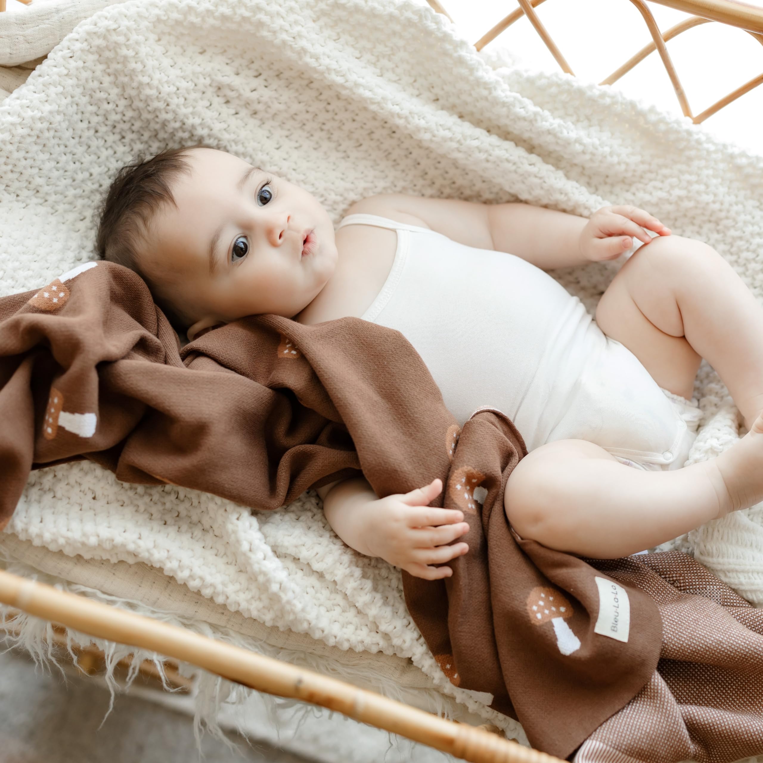 Bleu La La knit blanket mushroom mocha gift-ready packaging with monogram ribbon.
