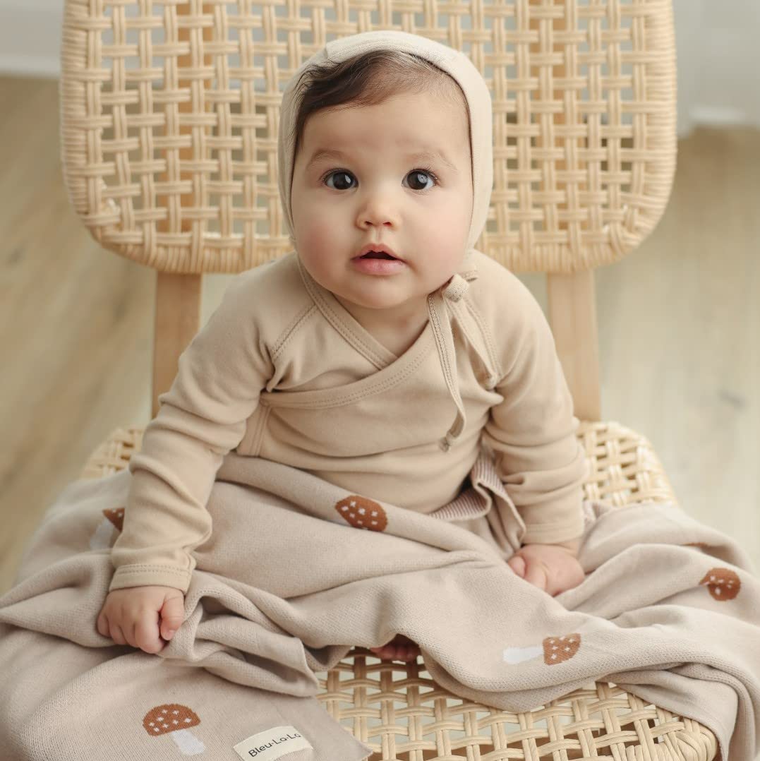 Bleu La La knit blanket mushroom mocha super-soft texture for gentle skin contact.