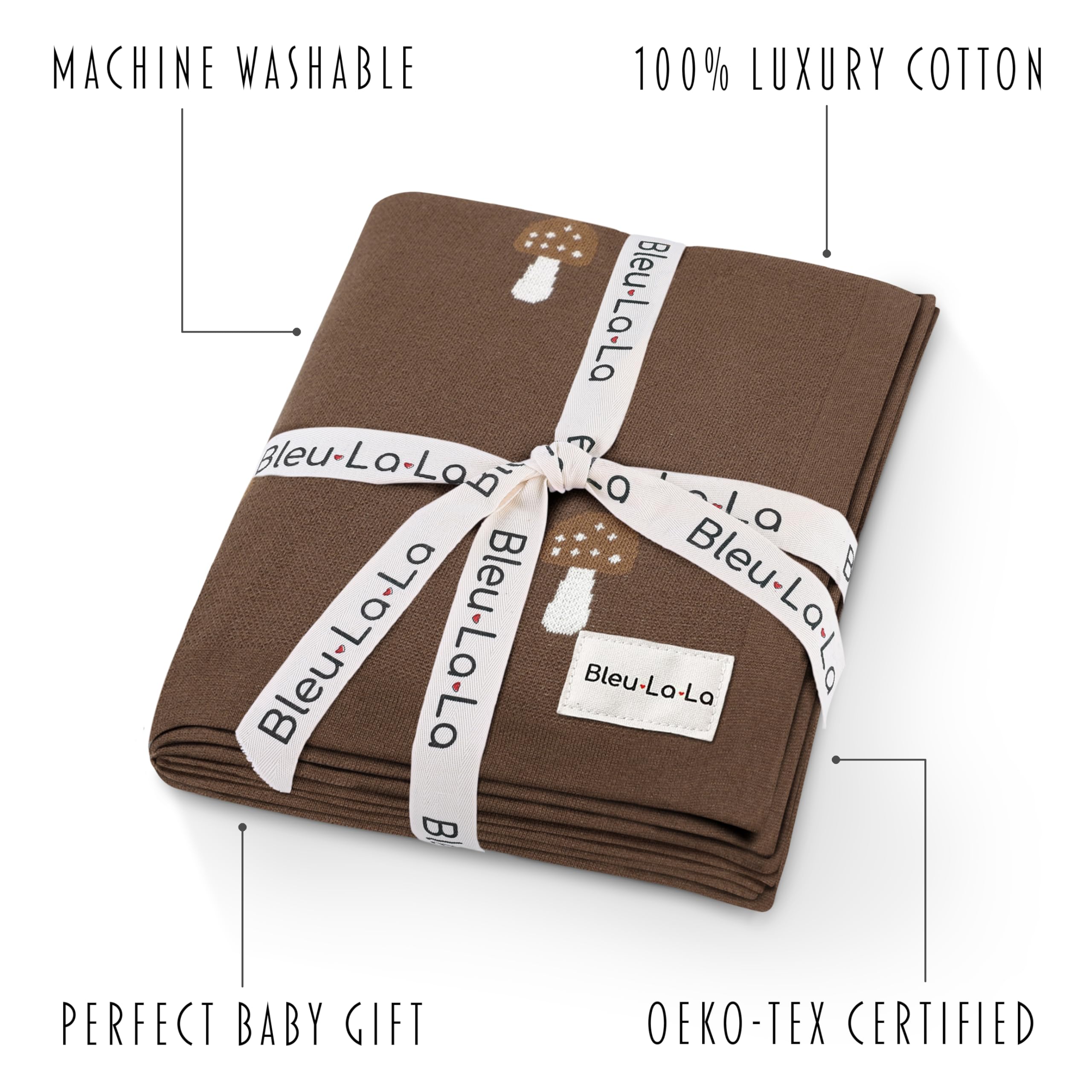Bleu La La knit blanket mushroom mocha used as swaddle for newborn snugness.