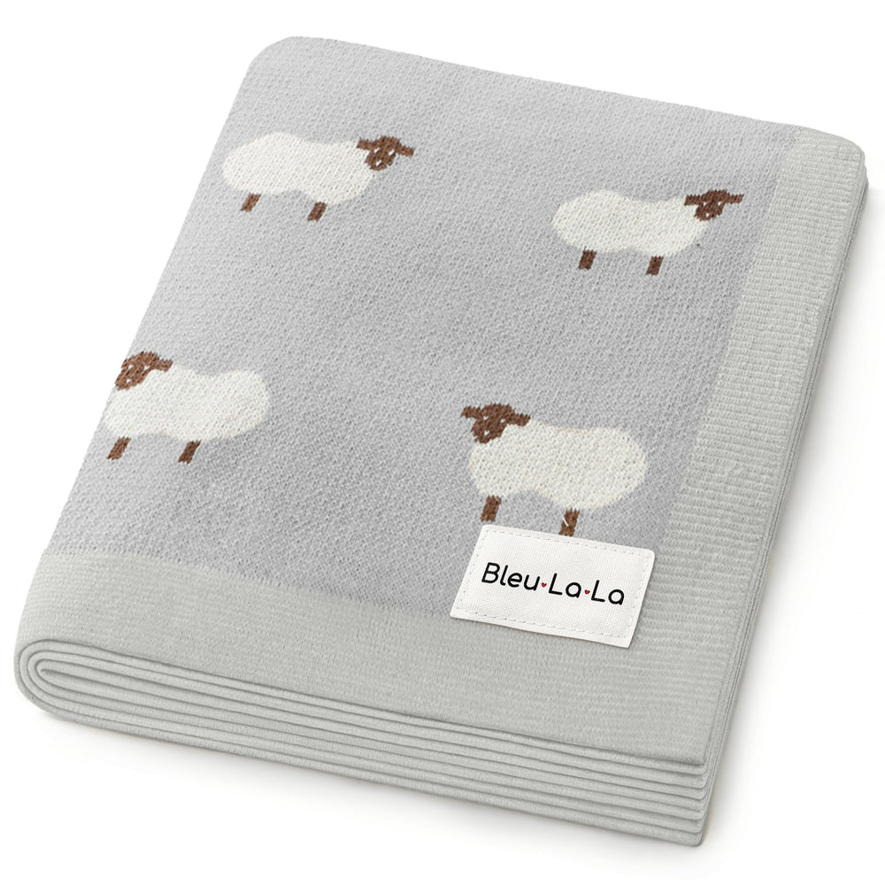 Bleu La La knit baby swaddle sheep grey closeup shows ultra soft cotton comfort