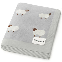 Bleu La La knit baby swaddle sheep grey closeup shows ultra soft cotton comfort