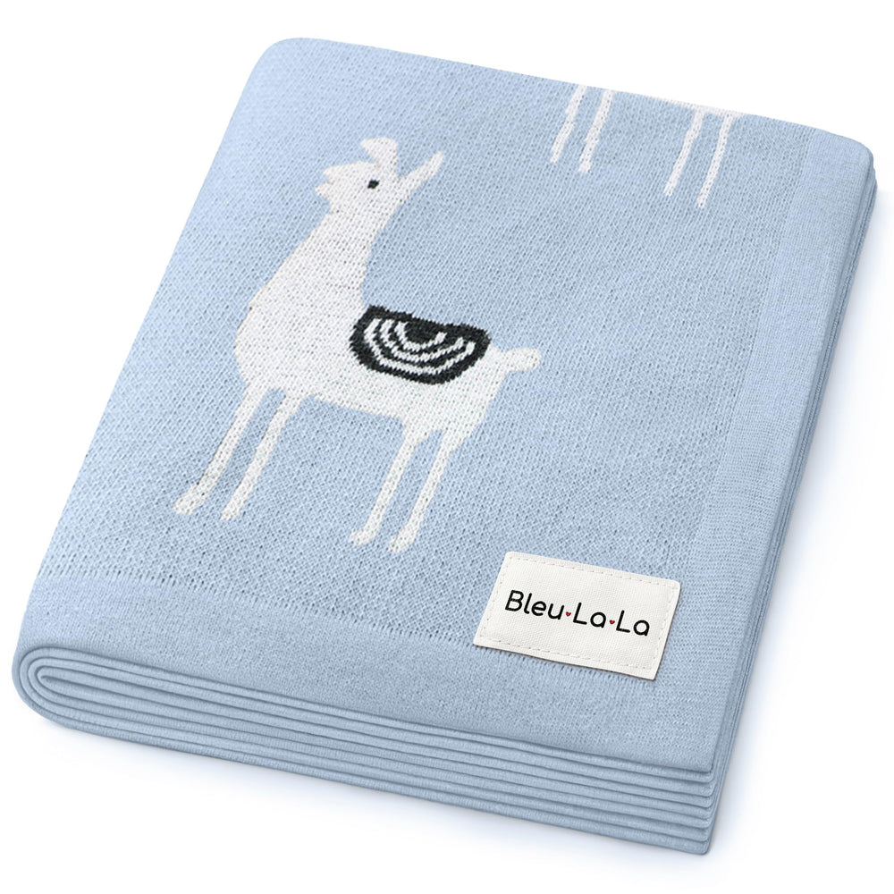 Bleu La La llama baby-blue receiving swaddle blanket for cozy newborn cuddles.
