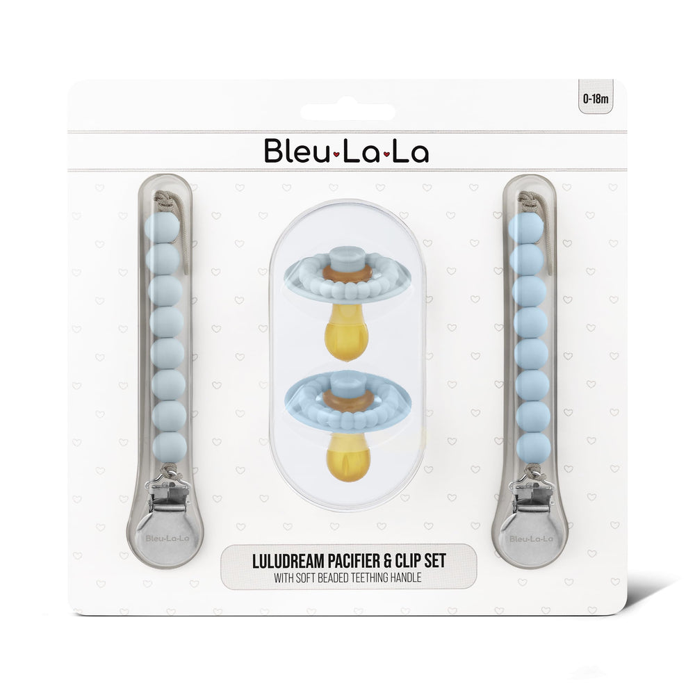 Bleu La La Luladream pacifier packaging highlights safety and materials.