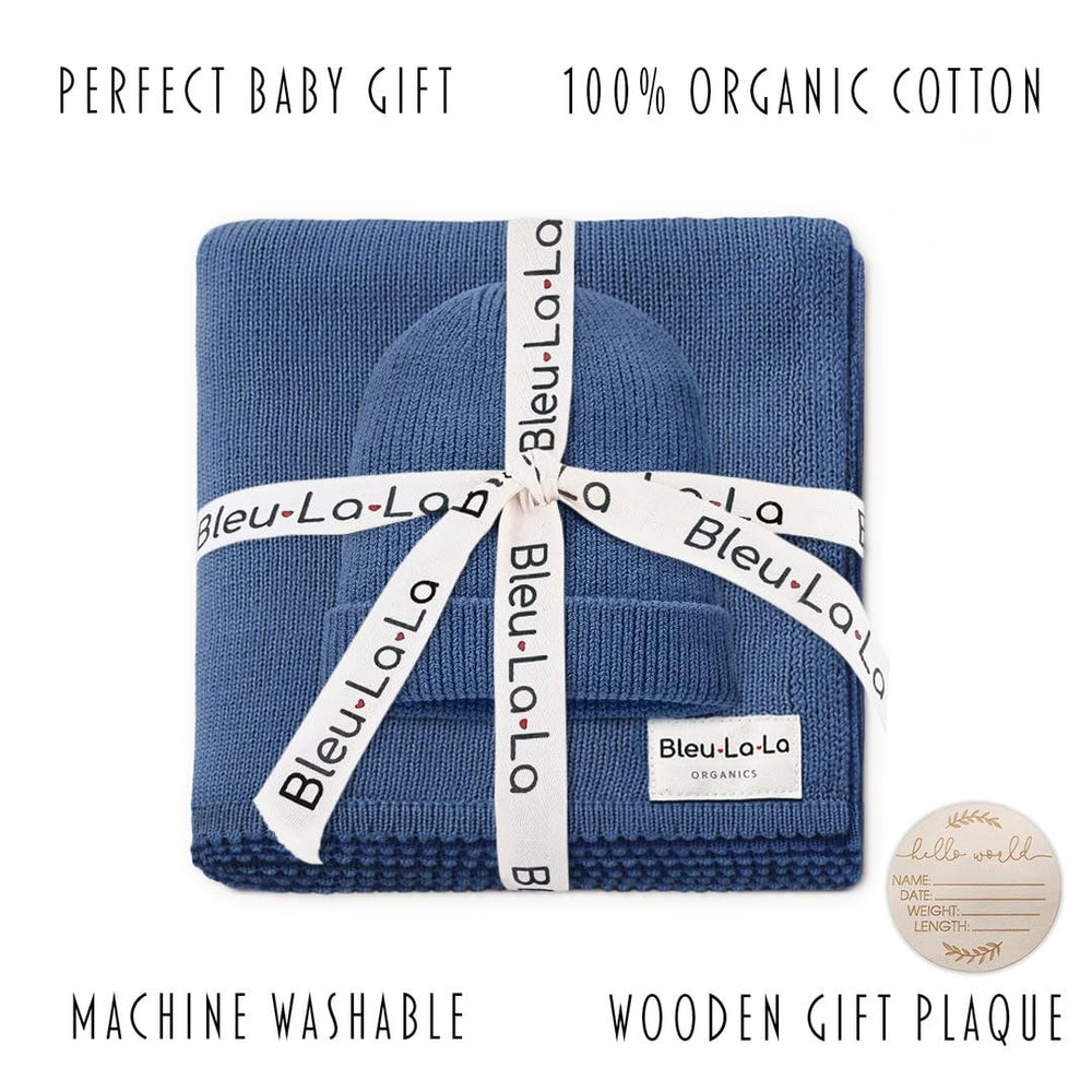 Bleu La La Luxe denim blue gift box, ready to gift at baby showers.