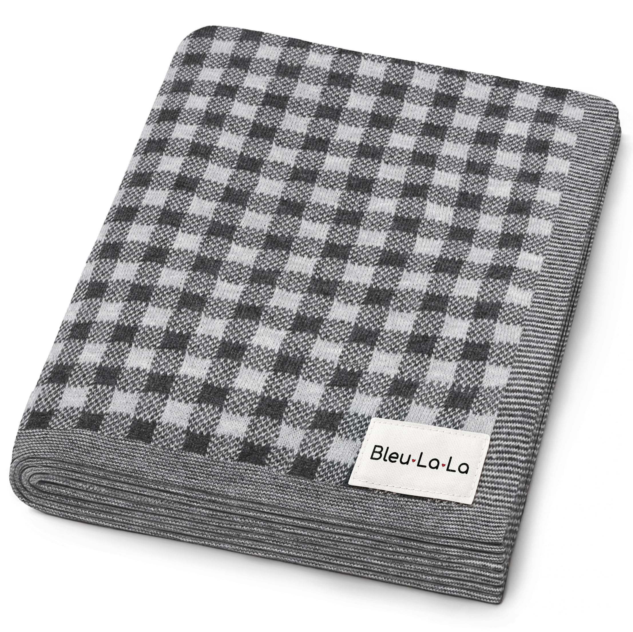 Bleu La La luxury knit plaid blanket in gray showing premium newborn softness