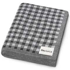 Bleu La La luxury knit plaid blanket in gray showing premium newborn softness