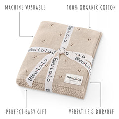 Bleu La La organic cotton blanket oatmeal texture close-up emphasizes breathable year-round comfort