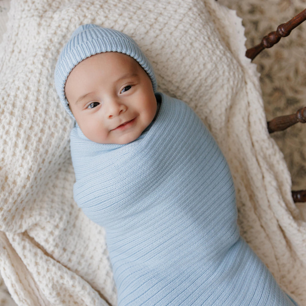Bleu La La organic ribbed swaddle blanket closeup knit showing soft breathable cotton