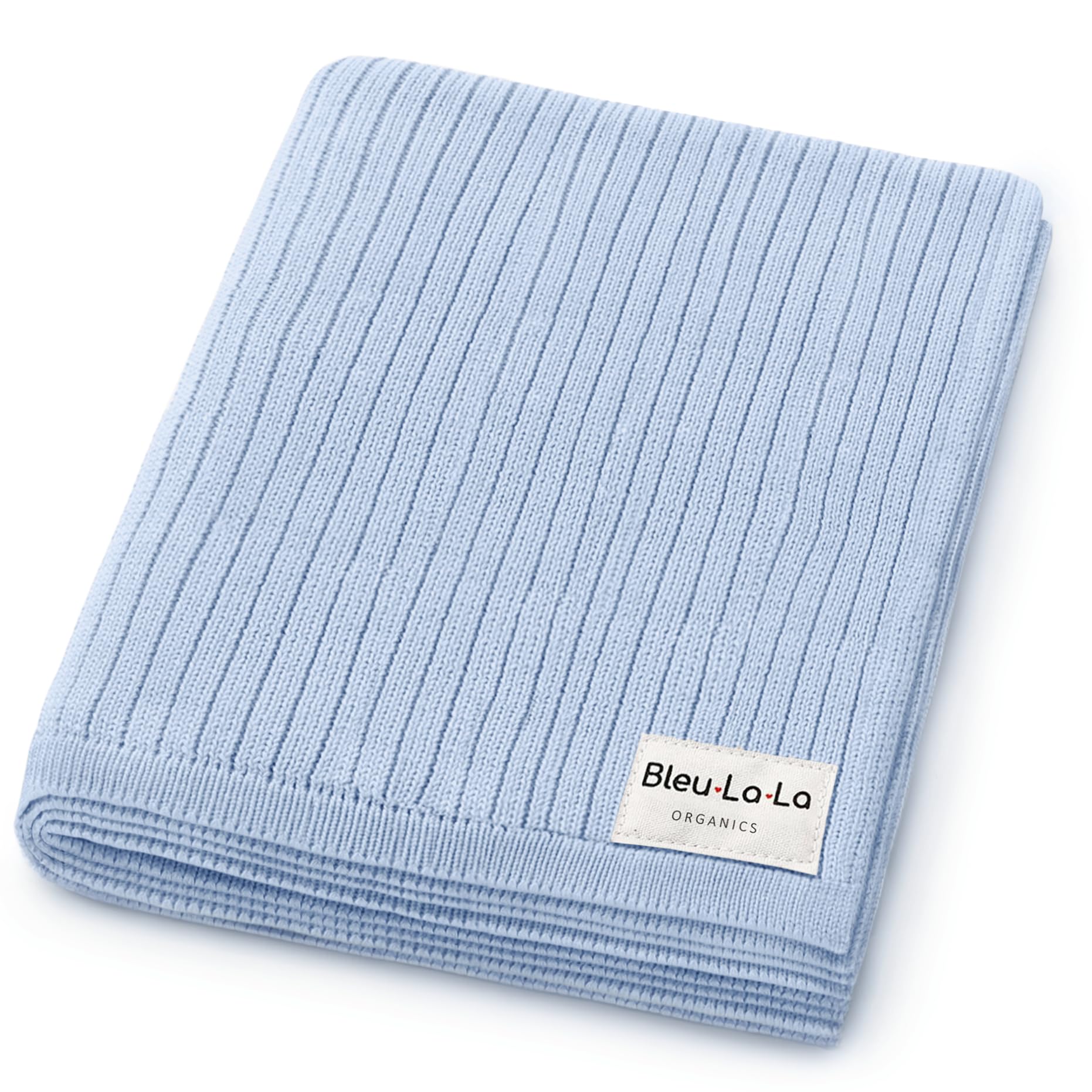 Bleu La La sky-blue organic ribbed swaddle blanket folded for a cozy newborn cover