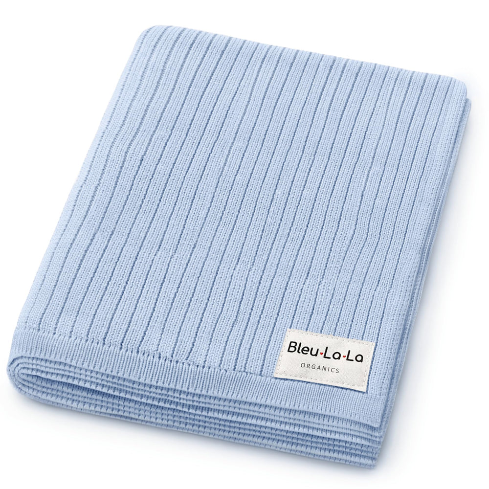 Bleu La La sky-blue organic ribbed swaddle blanket folded for a cozy newborn cover