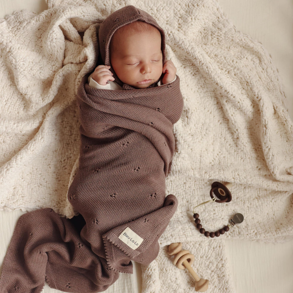 Bleu La La Pointelle Swaddle Mocha folded display highlights compact warmth