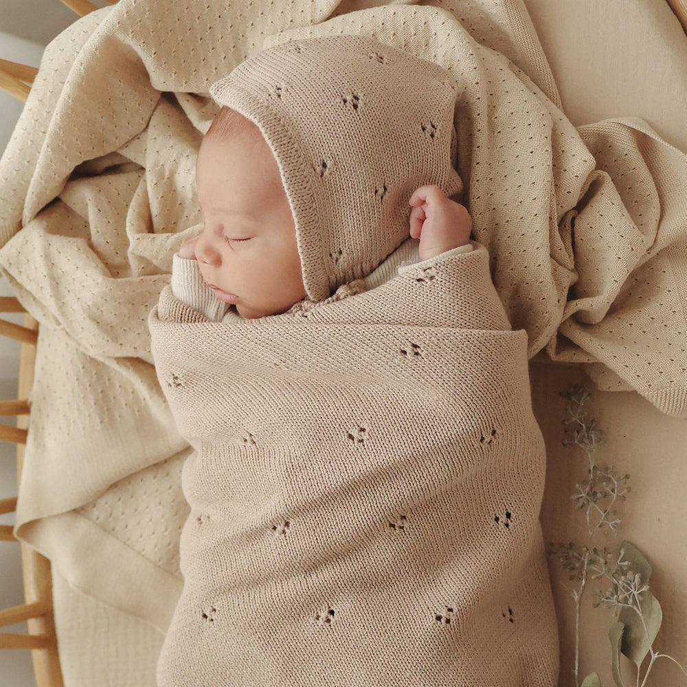 Bleu La La Pointelle Swaddle Mocha gift-ready packaging highlights unisex warmth