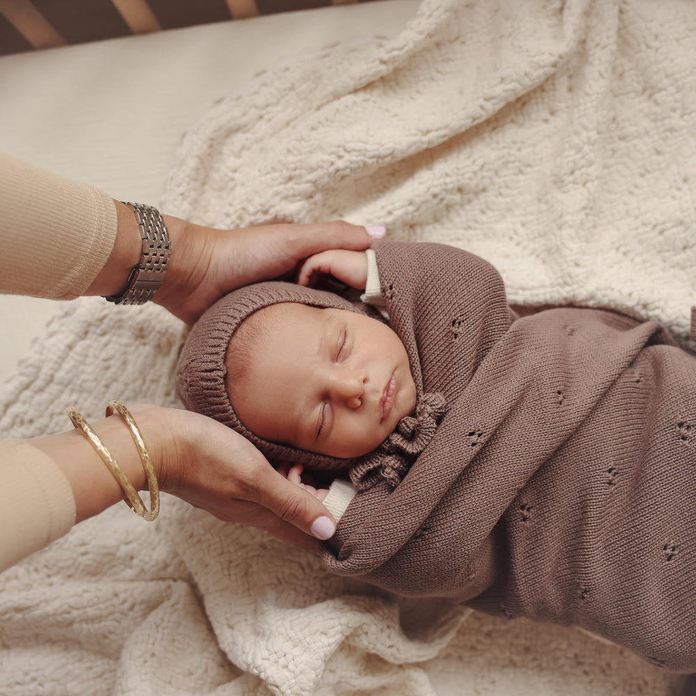Bleu La La Pointelle Swaddle Mocha nursery display showing cozy softness