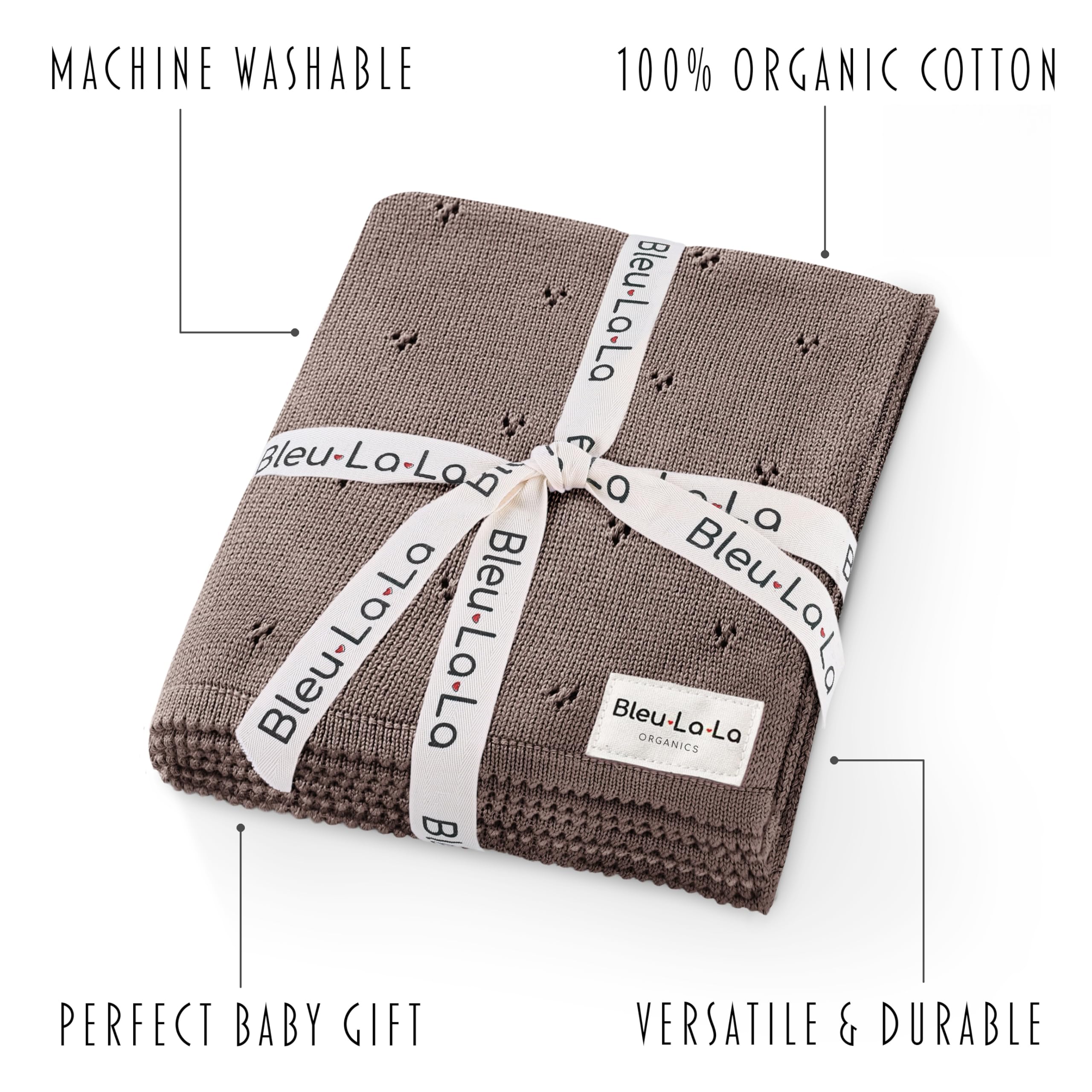 Bleu La La Pointelle Swaddle Mocha worn as snug wrap for newborns