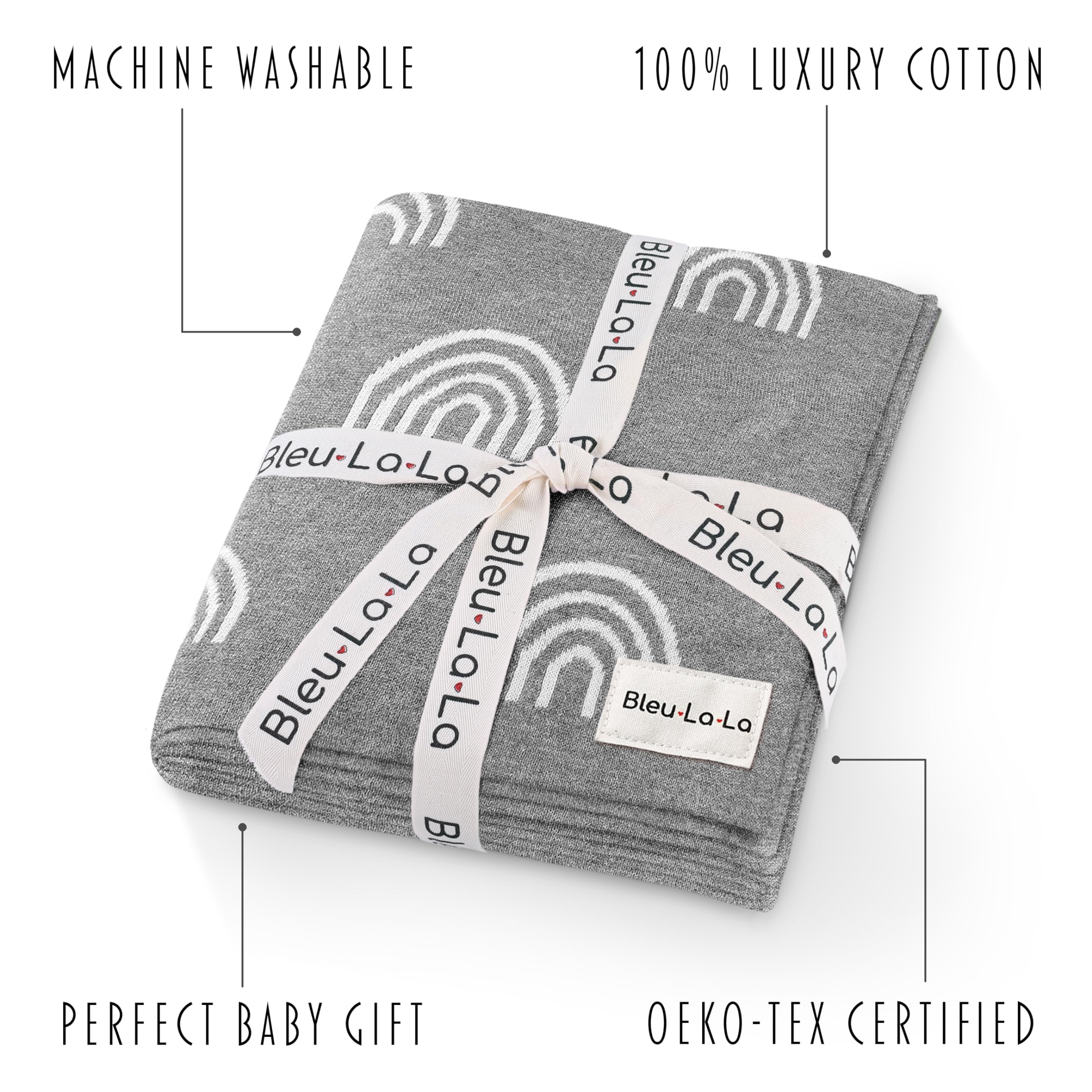 Bleu La La Rainbow Grey receiving blanket in crib demonstrates cozy, breathable comfort from 100% cotton.