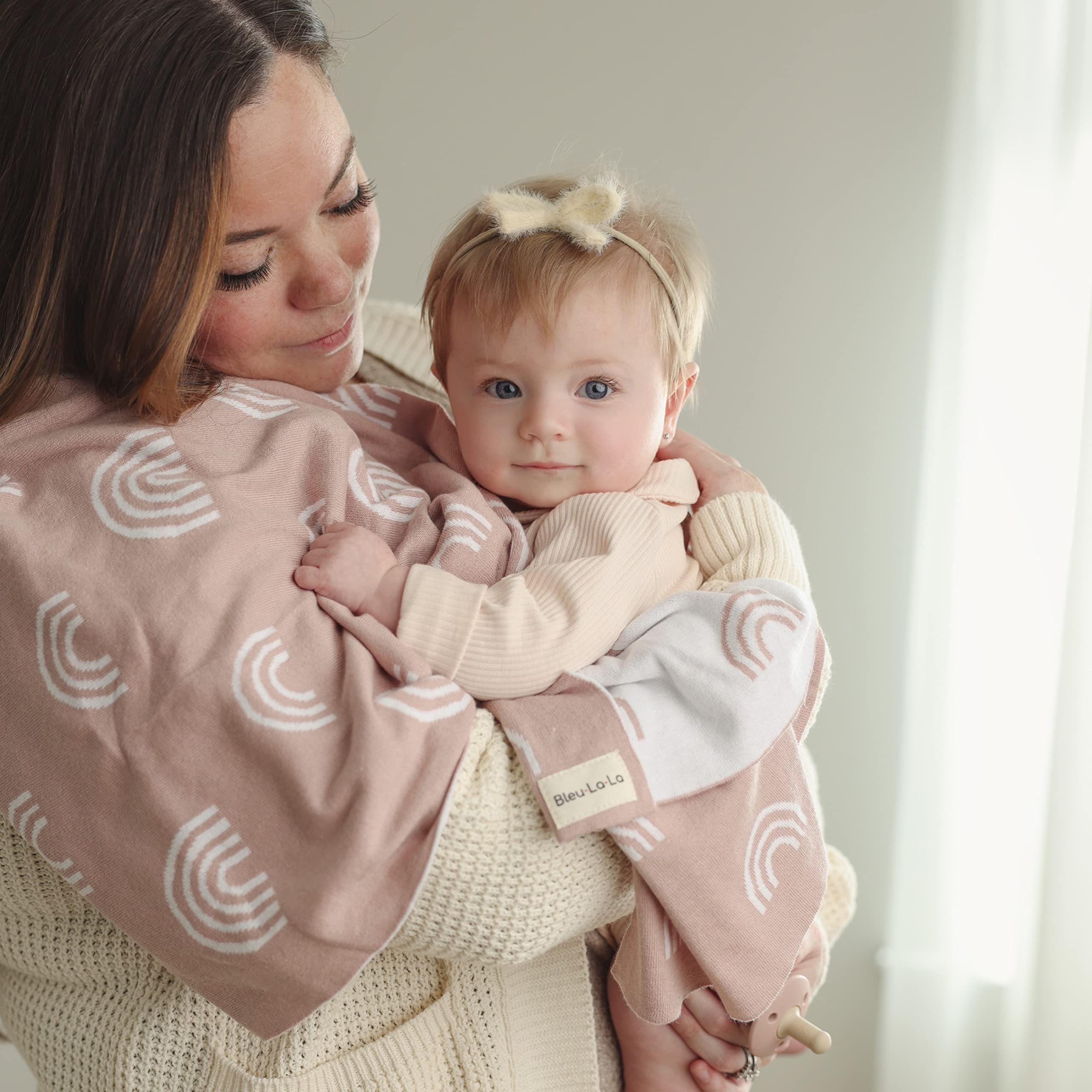 Bleu La La Rainbow Grey receiving blanket swaddle use emphasizes gentle wrap and cozy security.