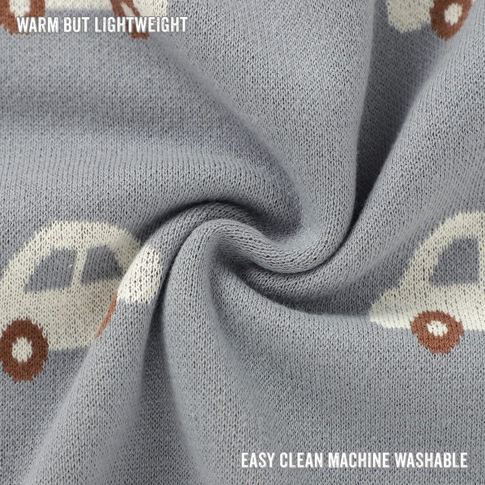 Bleu La La swaddle Cars Grey detail edge highlights durable craftsmanship.