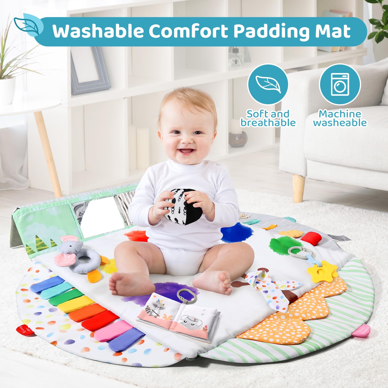 BLF FUN Machine washable play mat makes cleanup quick after messy play.