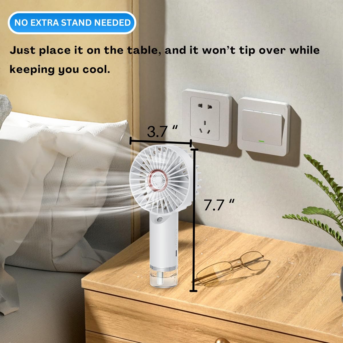 BlingTrail mini fan portable desktop use shown on a desk setting