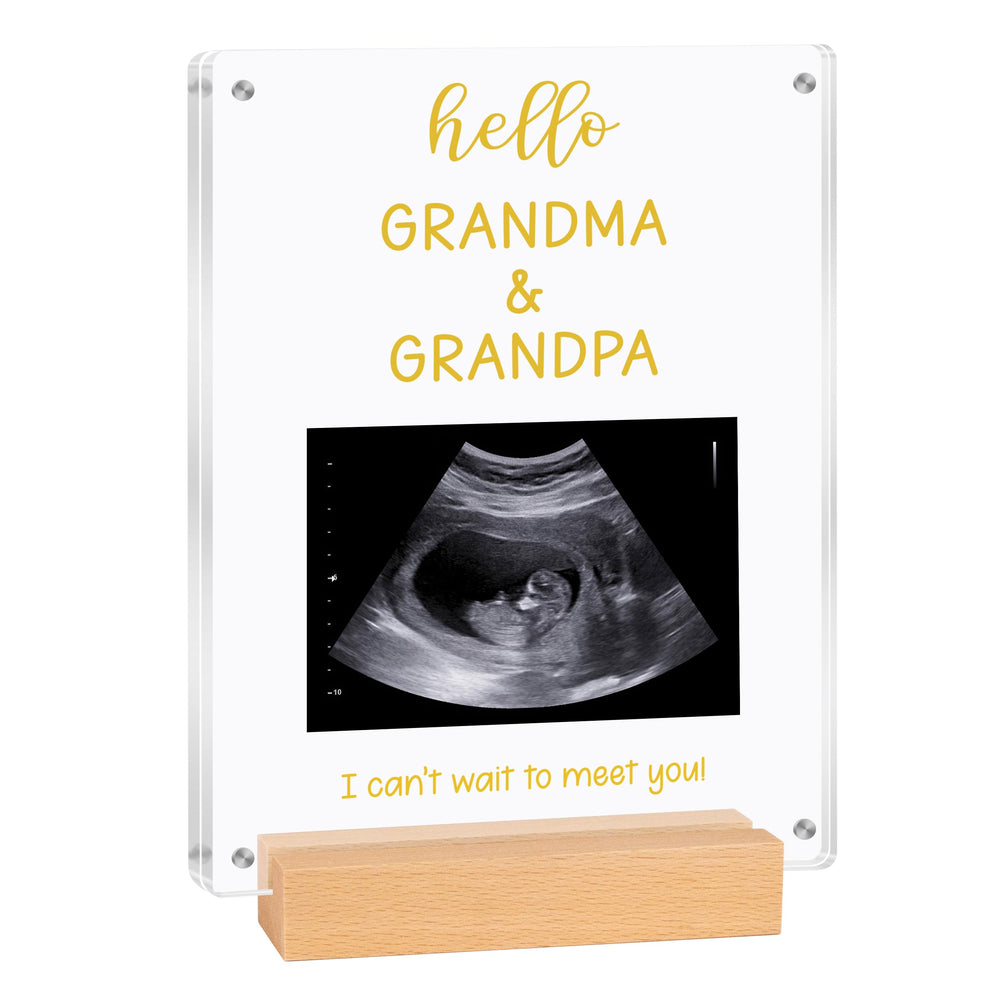 Blinking Stars acrylic ultrasound frame front view, grandparent pregnancy reveal keepsake.
